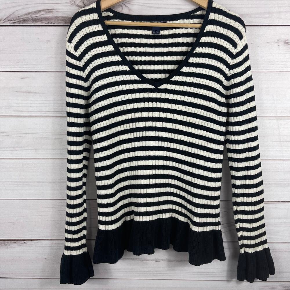 American Living City Brights Black White Stripe Cotton Ribbed Knit V Neck Size L - Picture 2 of 8